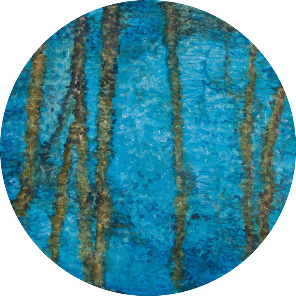 xavier-de-maisonneuve-©-atmospherique-les-Arbres-Volent-2023-Hiver-bleu-40-cm-de-diametre-huile-sur-toile